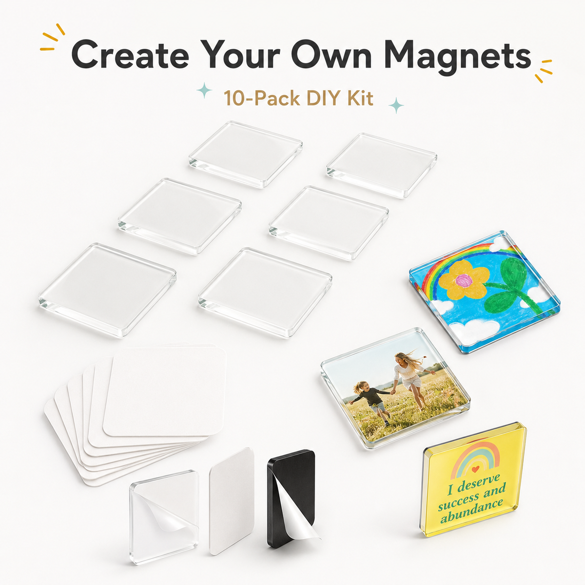 Clear Acrylic Magnetic Stickers 20 Pack, DIY Square Magnet Frames with Adhesive Backing