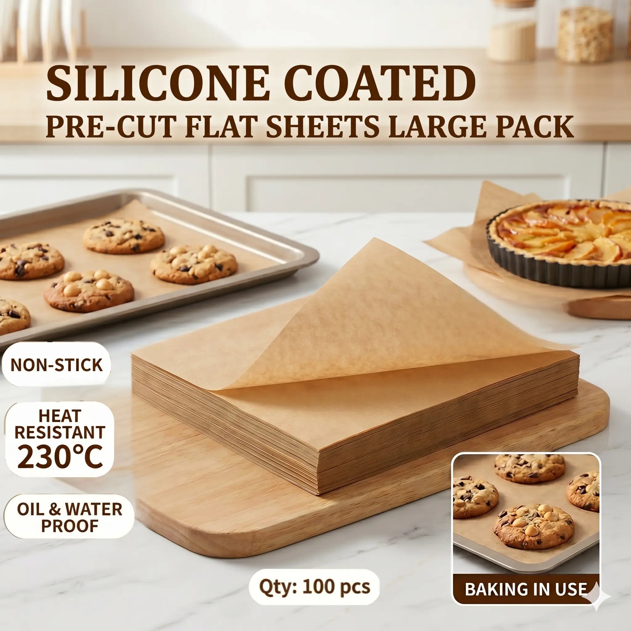 100 Pcs Nonstick Silicone Coated Parchment Baking Oil Sheets, 2 Sizes