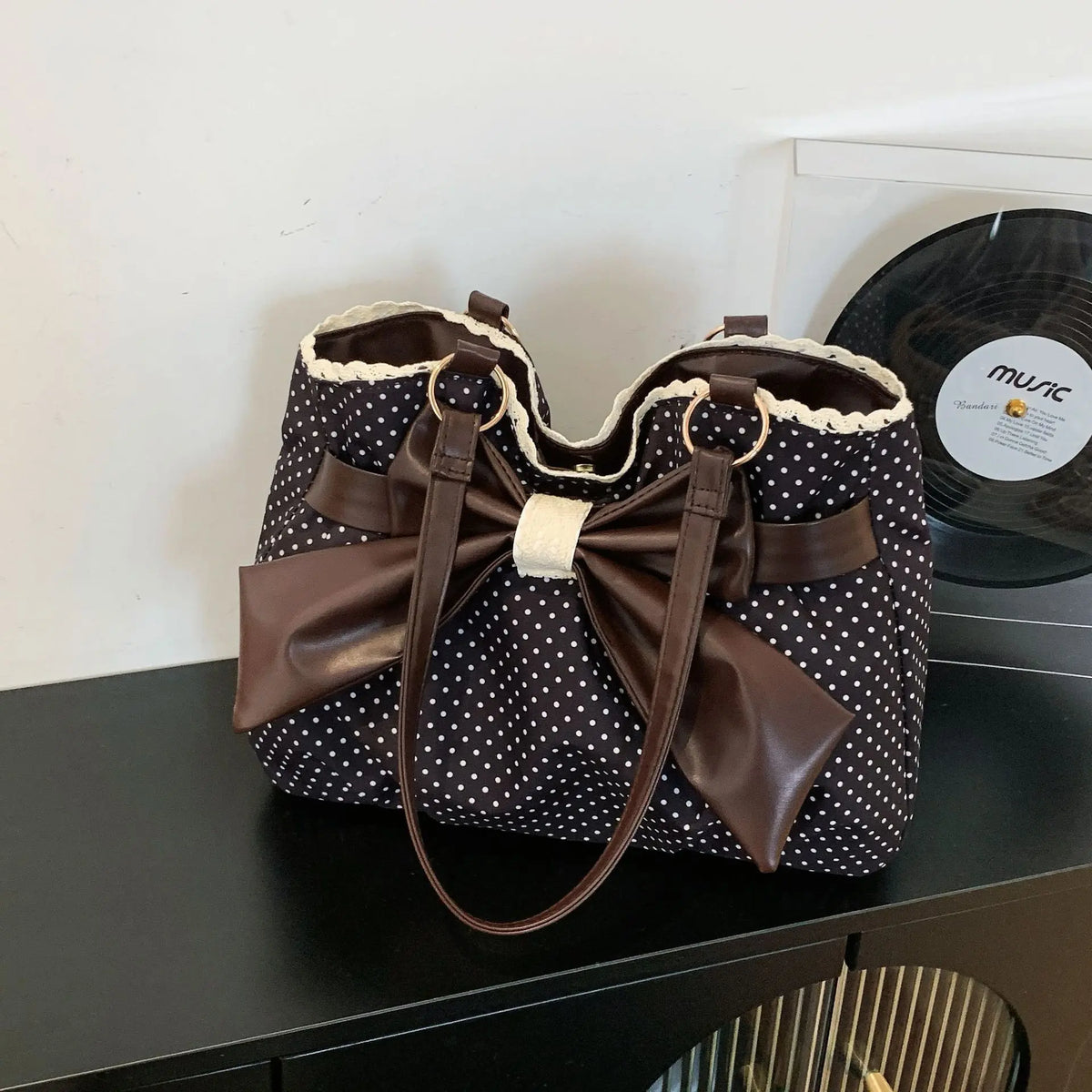 Women's Vintage Polka Dot Canvas Tote Bag with Large Bow and Lace Trim