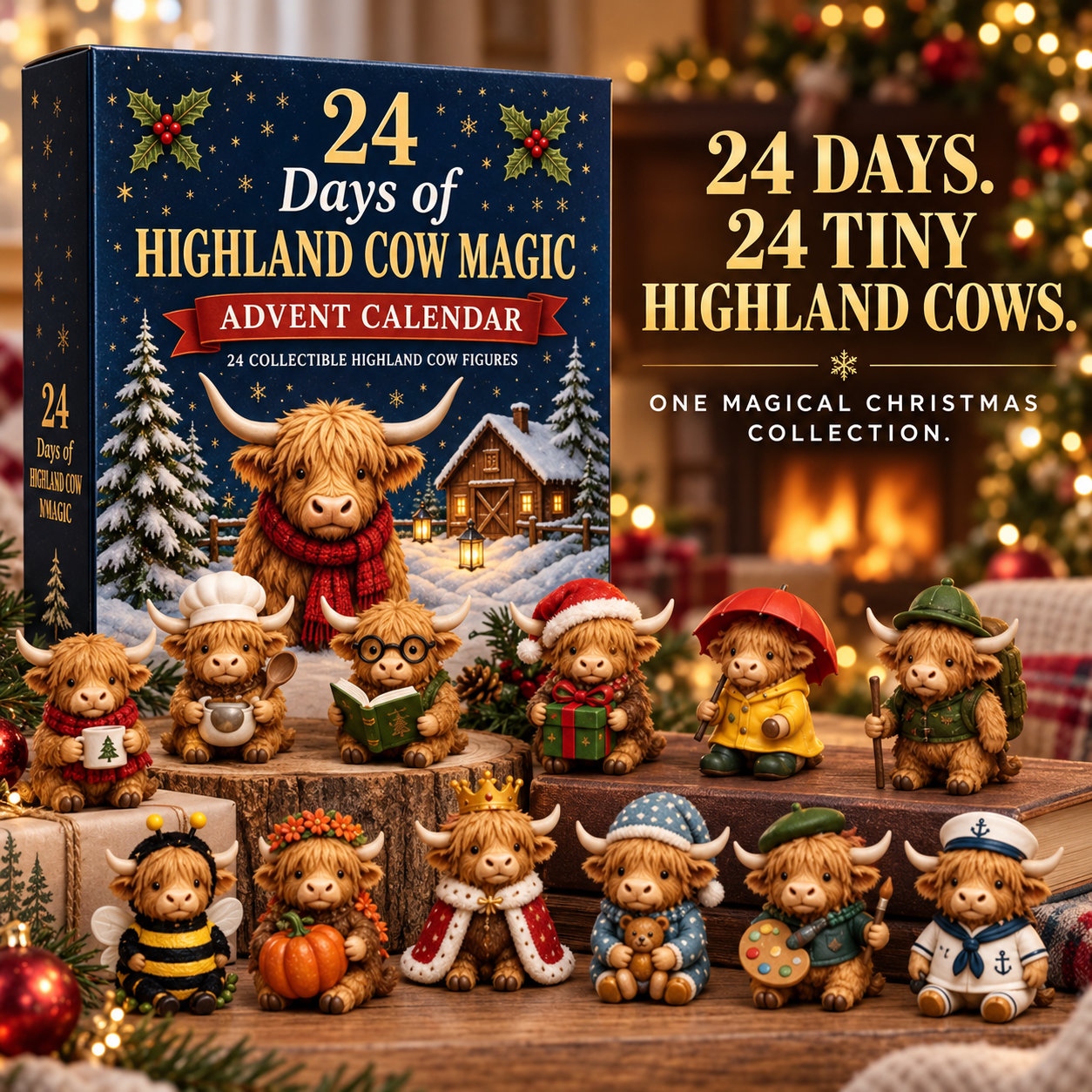 24-Day Highland Cow Advent Calendar – Mini Christmas Cow Figures Countdown Gift for Collectors & Farmhouse Decor Lovers